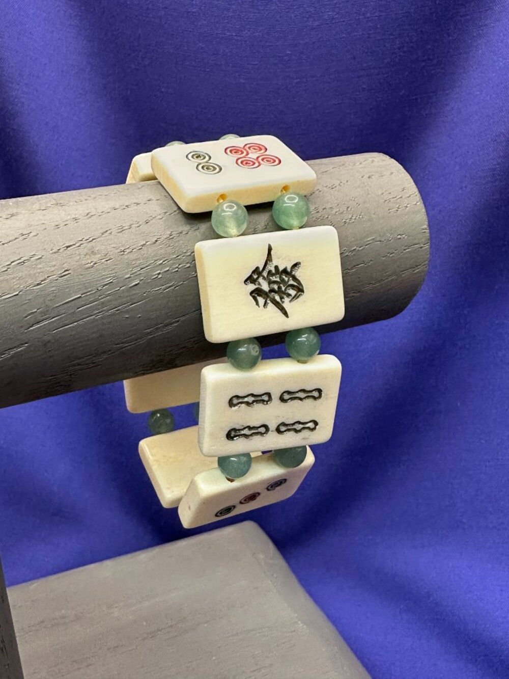 VTG Asian MahJong Tile Bracelet Jade-Tone/Aventurine Beads - Picture 2 of 14